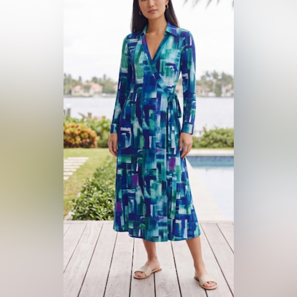Calvin Klein Women’s Blue‎ and Green Abstract Long Sleeve Wrap Dress Size 2